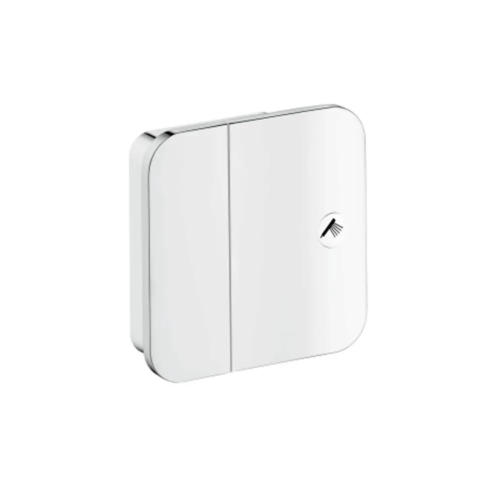 Weißer AXOR-Wandschalter mit zwei Schaltern und symbolischem Design zur Steuerung von Licht oder Wasser, geeignet für Unterputzmontage.